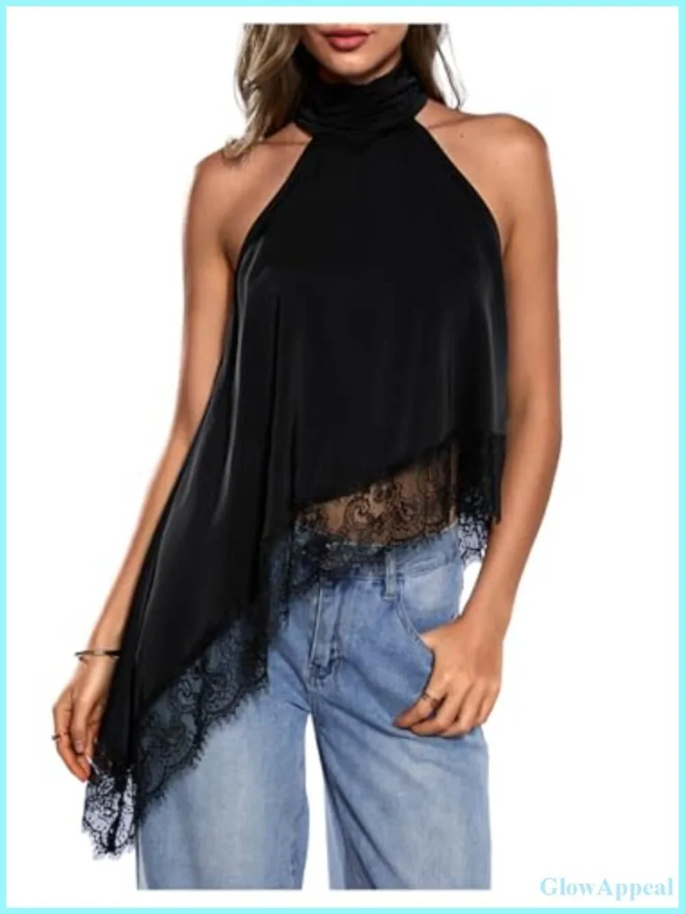 Halter Neck Sleeveless Lace Asymmetrical Hem Tank Top